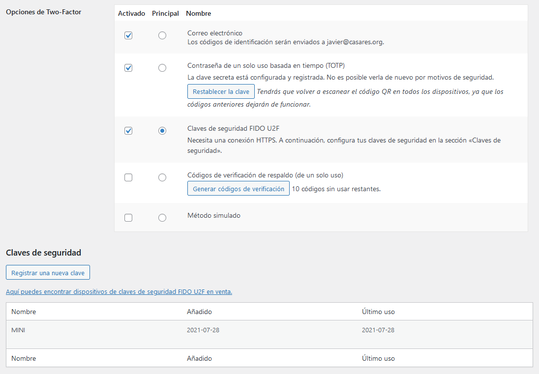 Opciones de Two-Factor y Claves de Seguridad.